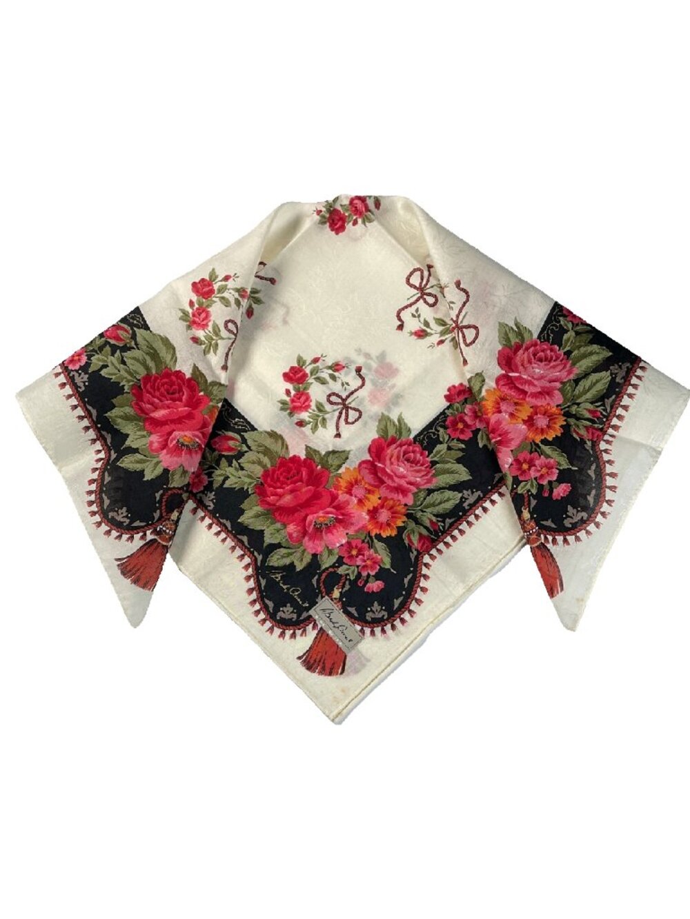 Vintage Hardy Amies Cotton Scarf English Roses Floral Tassel Jacquard